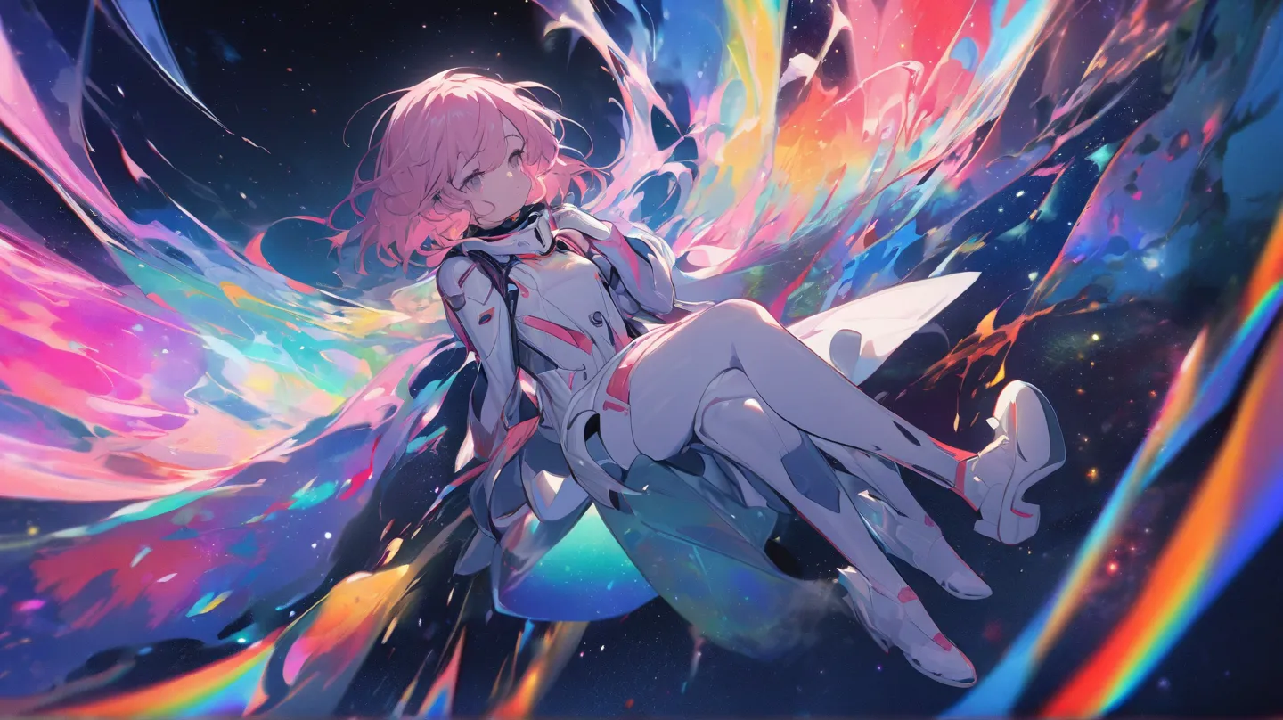 A girl with short pink hair floating alone in space, surrounded by a colorful, vibrant universe with stars, nebulae, and cosmic dust. The scene is serene and peaceful, with the girl wearing a sleek, futuristic spacesuit. The colors of the nebulae and stars...