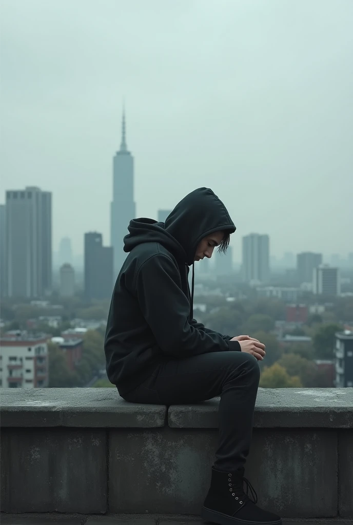 Sad young man sitting on a wall with a black buso and his head down, In the background a gray city
Looking toward the city 