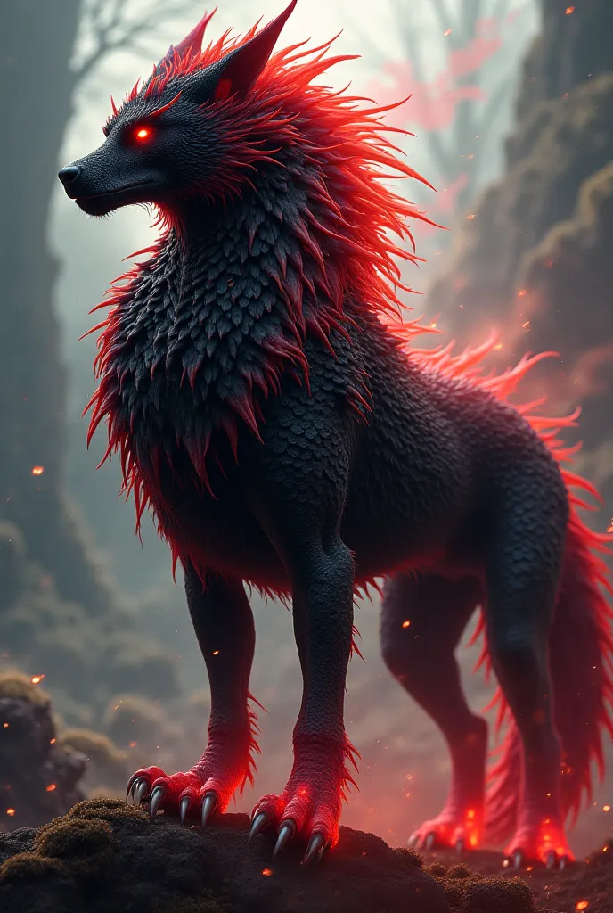 Red and black wolf dragon furry with red eyes