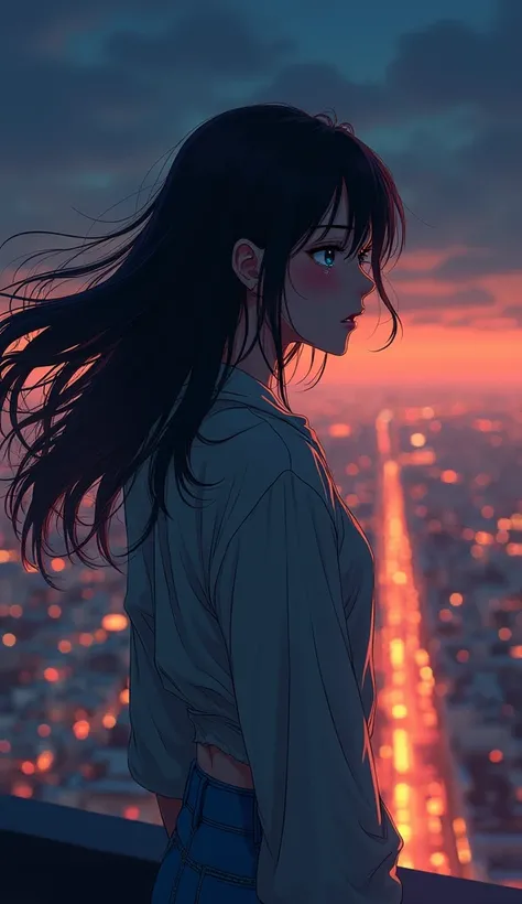 A powerful anime-style illustration of a 25-year-old woman standing alone on a rooftop at night, looking down at the glowing city below. Her fists are clenched, and silent tears trail down her cheeks as the weight of unspoken emotions crashes down. Her lon...