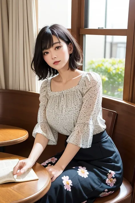 (High Definition), Lady, Japan Person, Cute, Black Hair Short, wearing Floral Dot Print Round Neck Short Bubble Sleeve Blouse, Flair Long Skirt Solid Color,Trad Style For Female,  Glance, Straddling Chair, Leaning back pose,, At Hotel Classic Cafe, A Cup o...