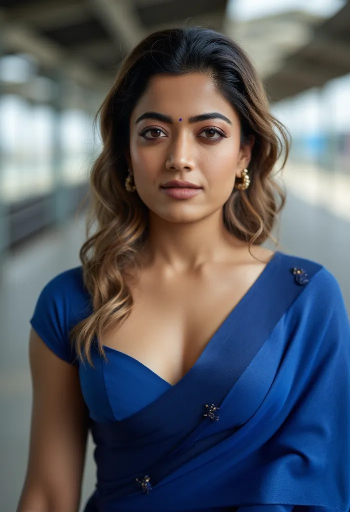 realistic photos of (1 busty naked star) flipped hair, thin makeup, very huge and round perfect breasts size, blue saree with open blouse buttons open with  cleavage visible bra open,big  at the train station, clear facial features of Canon EOS, 16k, high ...