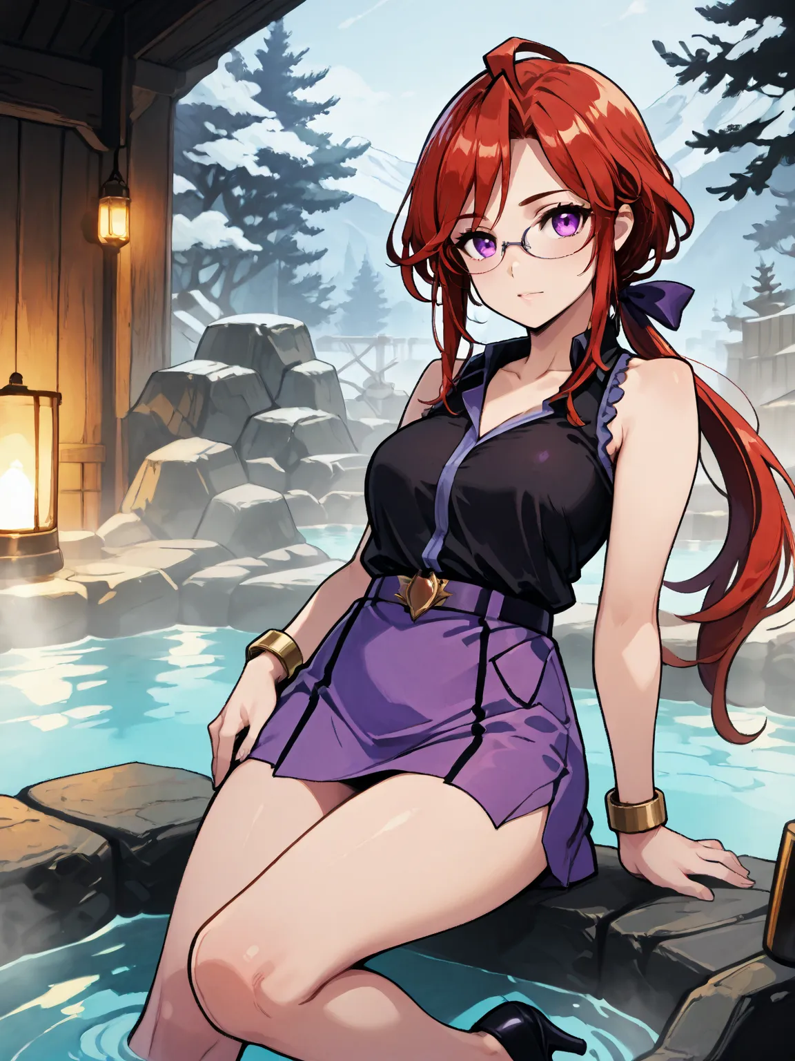 frlgLorelei, red hair, swept bangs, low ponytail, glasses, collarbone, black shirt, sleeveless, bracelet, miniskirt, purple skirt, high heels, collarbone, 8k, Obra maestra, mejor calidad, ultra detallado, detalles intrincados, hiper calidad, alto detalle, ...