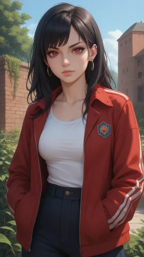 Create a character with black hair, red jacket with a yellow A on the chest and a school landscape in the background. black eyes. .  mean face.