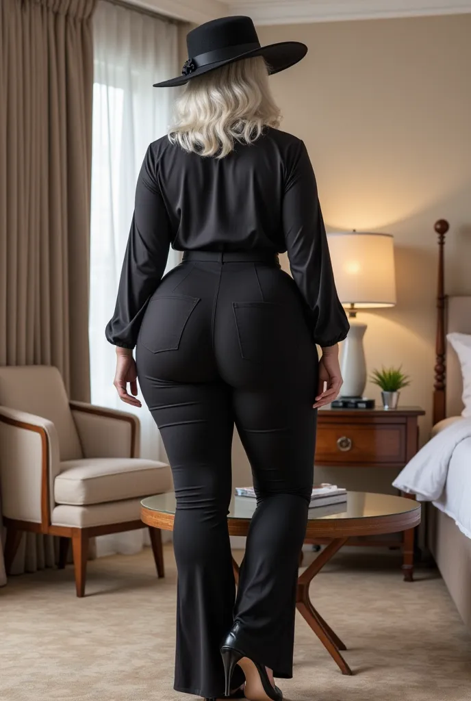 hyperrealistic image,  definition HD . 58 year old sexy widow, Plus size woman, generous curves, curvilinear, voluptuous, hourglass figure, wasp's waist,   wide hips, thick legs,  huge buttocks,  large round busts.  She wears very tight black flared pants,...