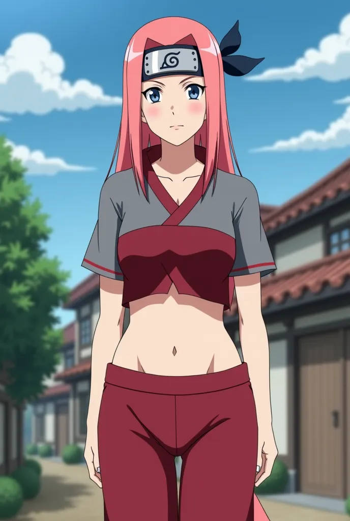 Catch Naruto Shippuden. older fair-skinned woman. white eyes. long light red hair with the headband. body medium build. Naruto Shippuden anime red and gray costume. showing the stomach. The upper part short sleeve and attached to the body. flared pants. wi...