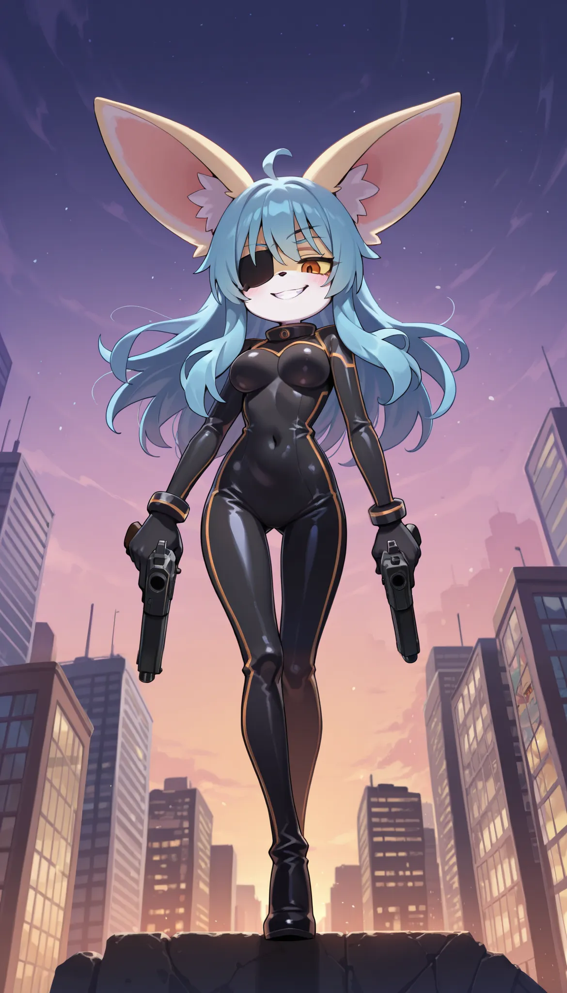 score_9, score_8_up, score_7_up, 1girl, solo, masterpiece, best quality, amazing quality, very aesthetic, absurdres, source furry, furry girl, mobian fennec, fennec ears, yellow sclera, orange eyes, blue hair, spiky bangs, straight long hair, white body fu...