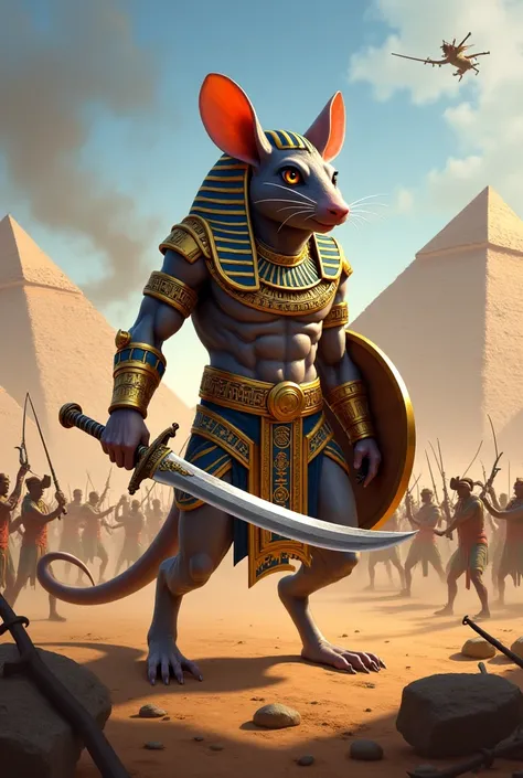 Armed pharaoh rat, pyramids and war going on background image 
