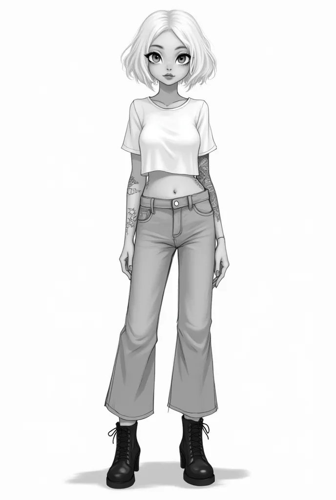 White girl with short wavy blonde hair cropped in a bob, slightly chubby, cute belly, cropped t shirt and high waisted wide leg jeans, black boots and small geometric tattoos on arms, silver piercings; illustration sketch