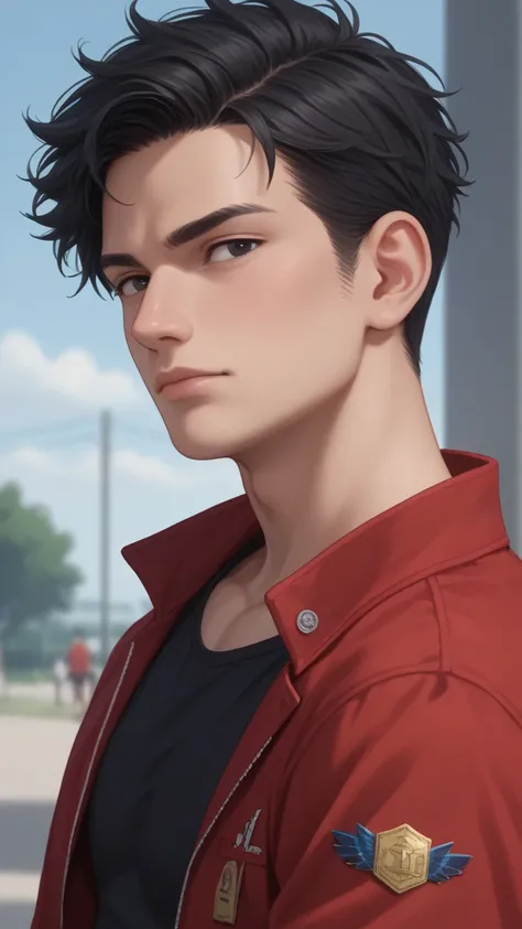 pants Create a male character with black hair, red jacket with yellow letter A detail on the chest of the jacket and a school landscape in the background. black eyes. .  mean face. Black inside shirt.