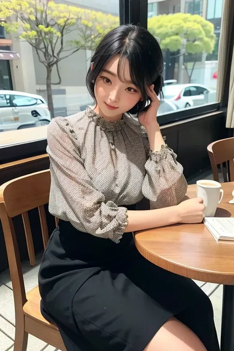 (High Definition), Lady, Japan Person, Cute, Black Hair Short, wearing Floral Dot Print Round Neck Short Bubble Sleeve Blouse, Flair Long Skirt Solid Color,Trad Style For Female,  Glance, Straddling Chair, Leaning back pose,, At Hotel Classic Cafe, A Cup o...