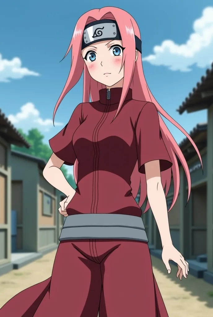 Catch Naruto Shippuden. older fair-skinned woman. white eyes. long light red hair with headband. body medium build. Naruto Shippuden anime red and gray costume. showing the stomach. The upper part short sleeve and attached to the body. flared pants. with t...