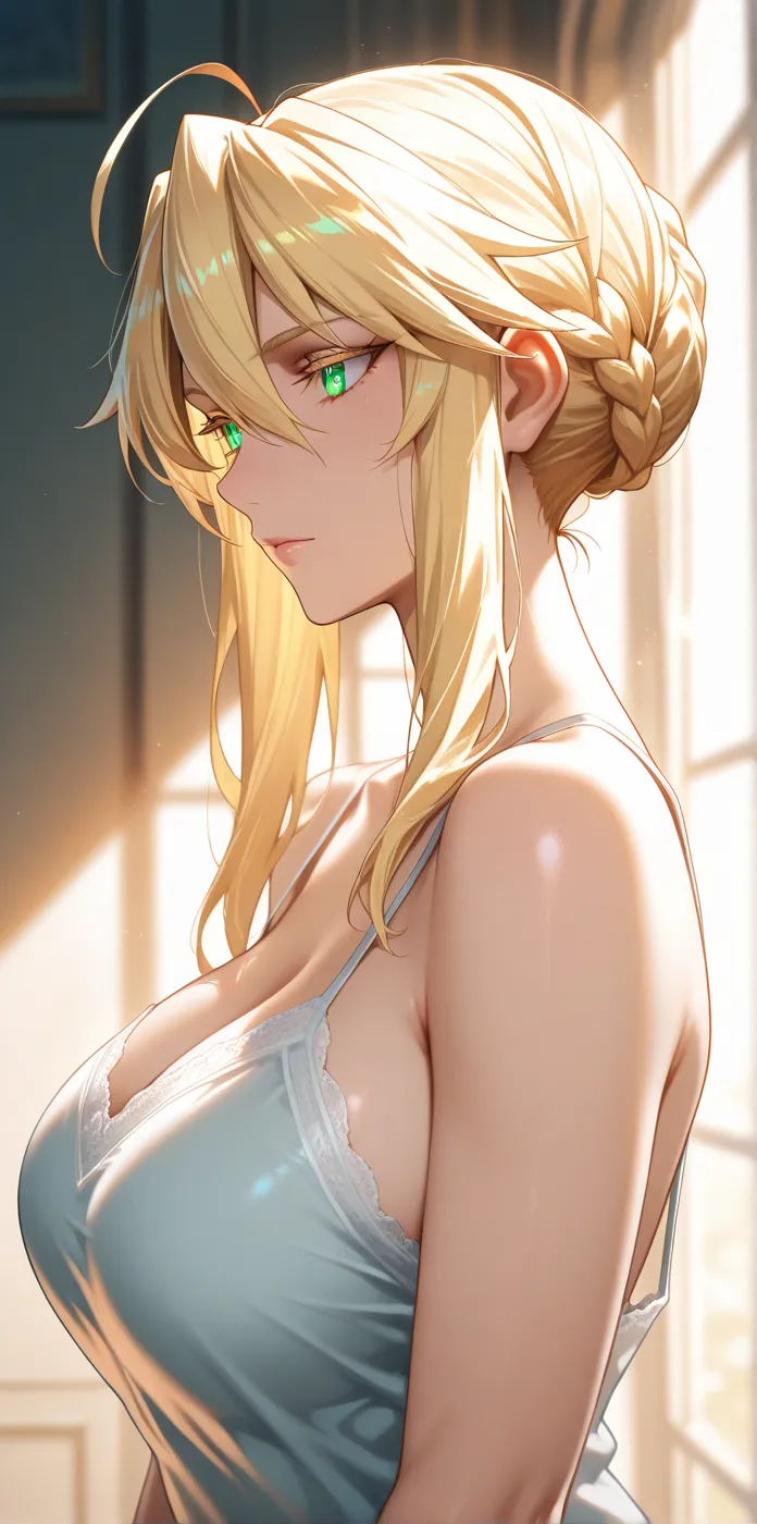 Masterpiece, very aesthetic, vibrant, high contrast, high resolution, ultra detailed, hot mature woman, artoria Pendragon (lancer), camisole, soft light, indoor, best quality, newest, castlevania: nocturne anime style, upper body