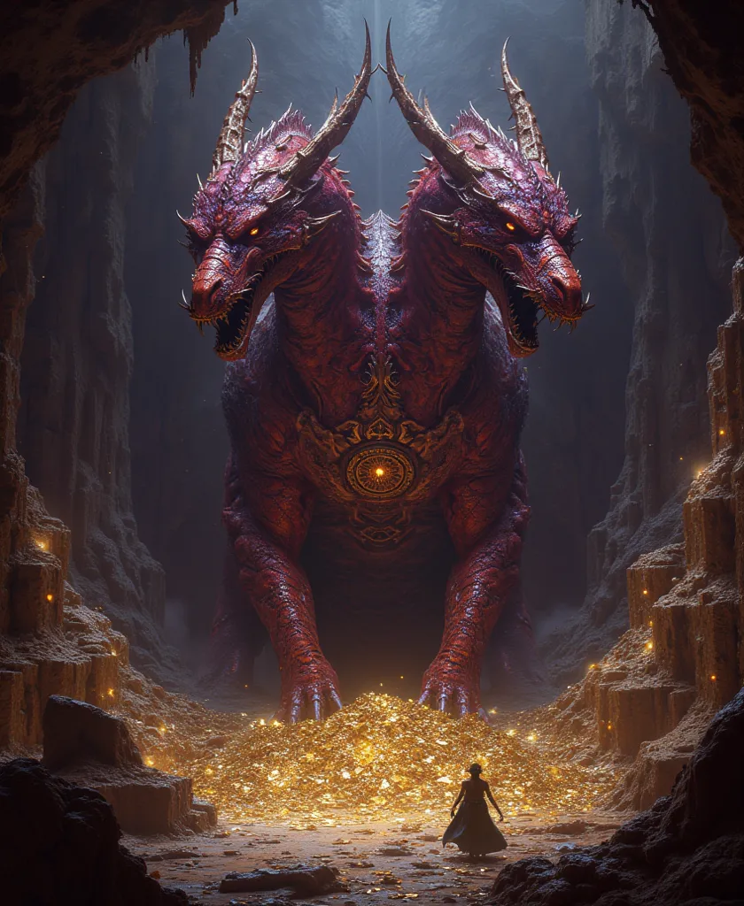 Duoaros, the ancient and enigmatic dual-headed dragon, has guarded the colossal treasure hoard for eons, its massive crimson and violet scales shimmering in the dim light of the cavernous lair.