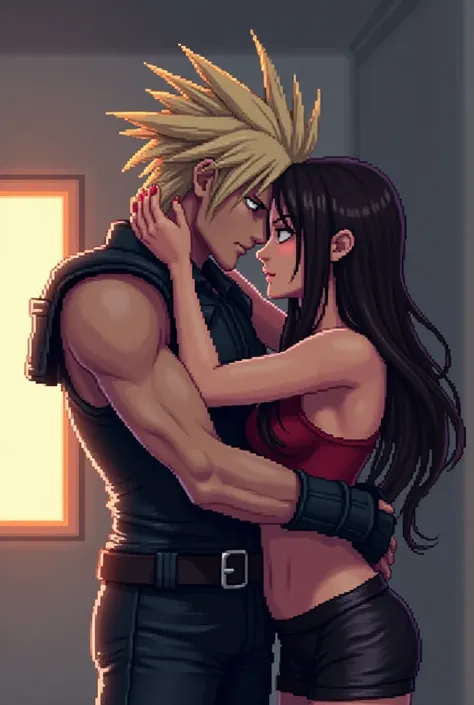 Make me a full body image of cloud strife and tifa Lockhart standing in a room while making out, pixel art