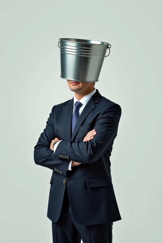 A man in a suit wearing a silver bucket turned upside down