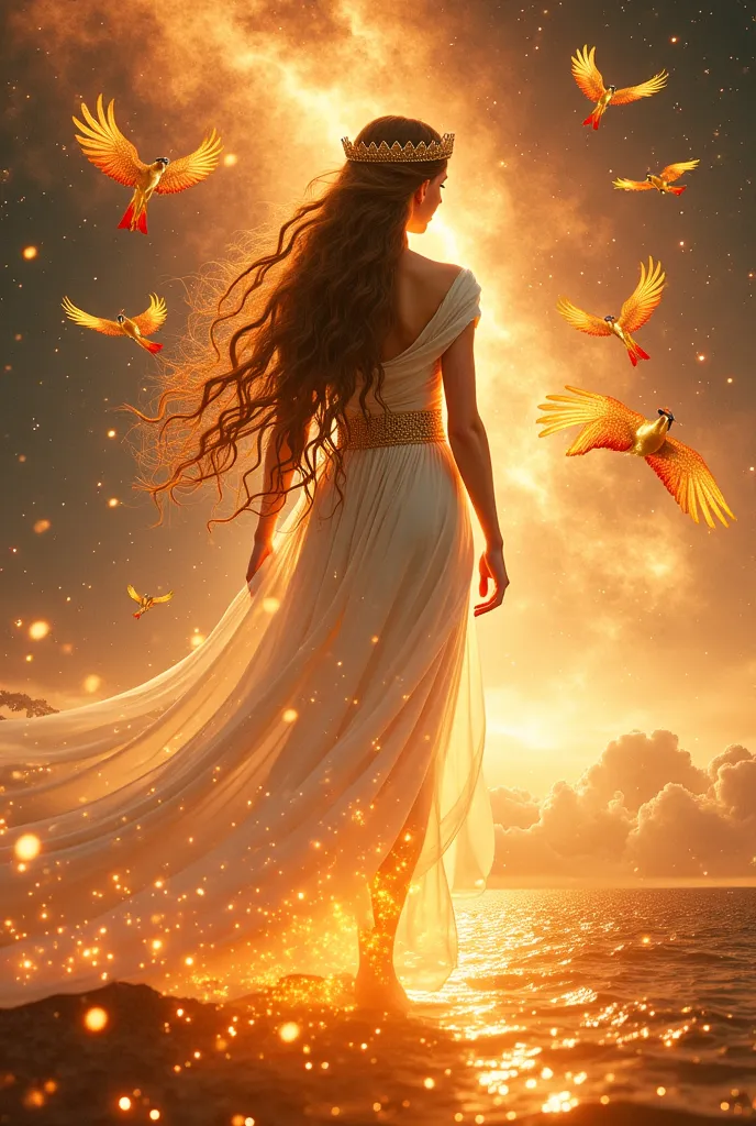 An elf woman, long and long curly hair,A true queen, in white clothes with gold in white flames,  showing your whole body, Walking toward the galaxy, Stepping on the universe, with several phoenixes flying over it in flames 