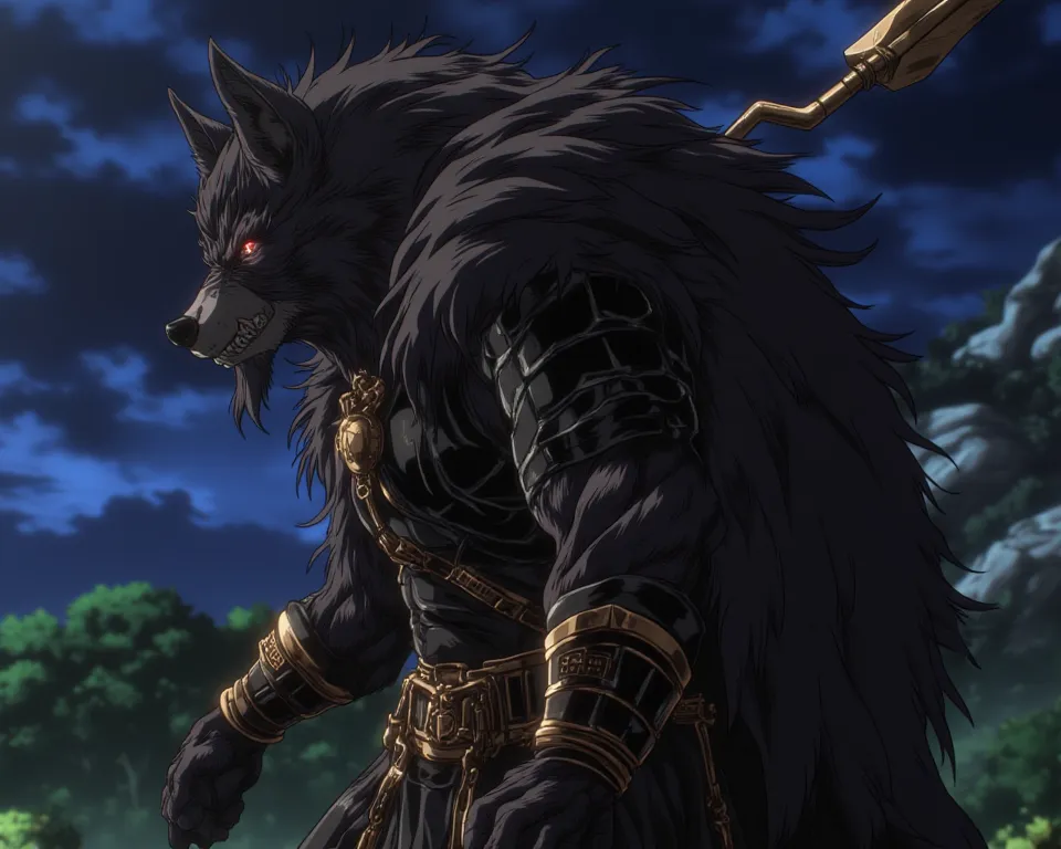 Side profile view of a gigantic and extremely muscular and intimidating anime black antropomorphic wolf with very long pointed ears, with his body covered by black fur, with massive muscleson hisvwide strong shoulders and very long and very muscular strong...