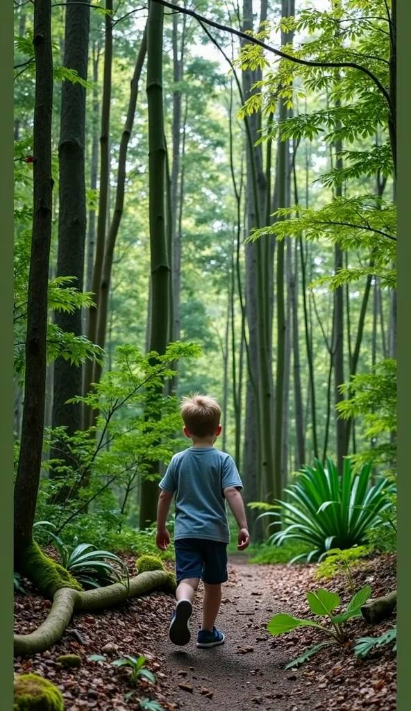 A boy is walking in the forest.