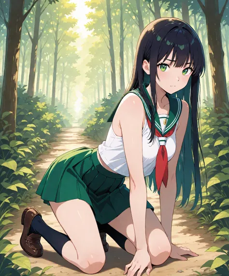 masterpiece, best quality, 1girl, solo, cute face, beautiful sexy anime girl with long black hair & green eyes, wearing a green short skirt & a white sleeveless japanese sailor seifuku shirt, black socks, brown loafers, in an enchanted forest