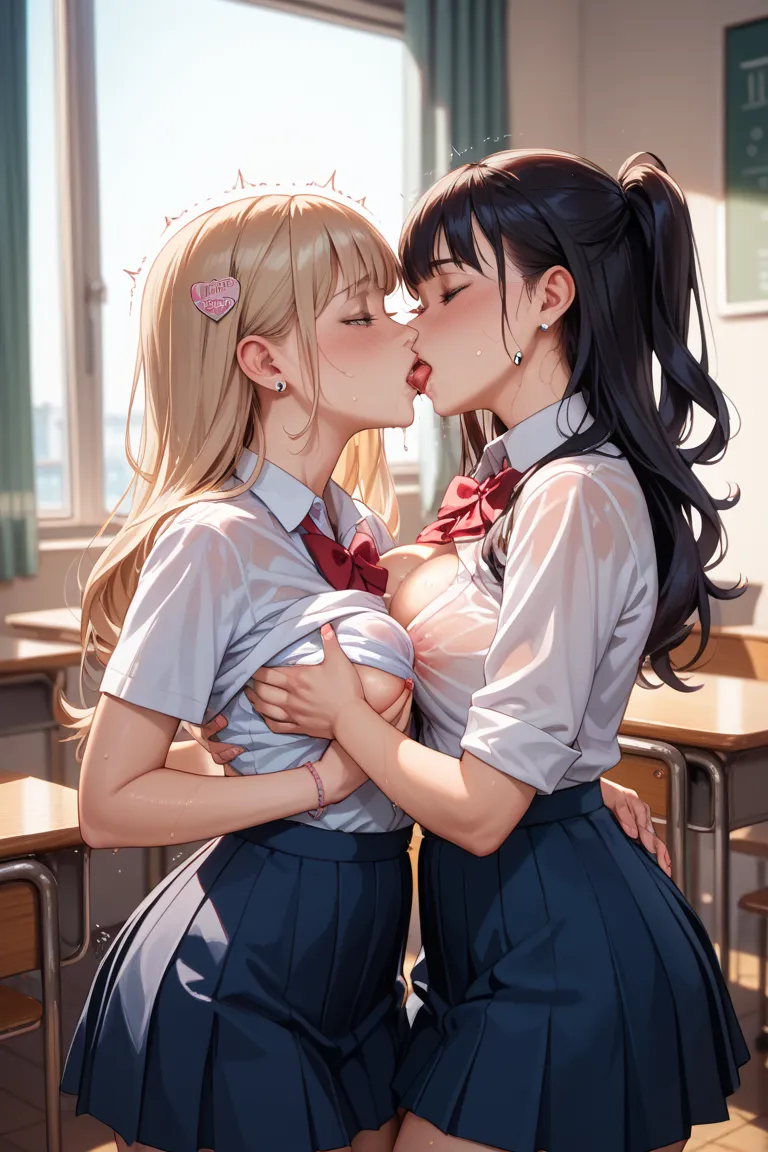 2girls,nsfw,aroused,sweat,kiss,trembling with sexual climax,breast grab,schooluniform