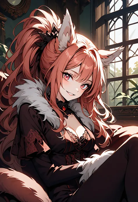 solo, close up, female, red eyes, light red hair, long wavy hair, ponytail, neat straight hair, ManticoreMGE, monster girl, tail, animal ears, fur, wings, claws, Victorian, young lady, sitting, velvet couch, looking at viewer, lounging clothes, from side, ...