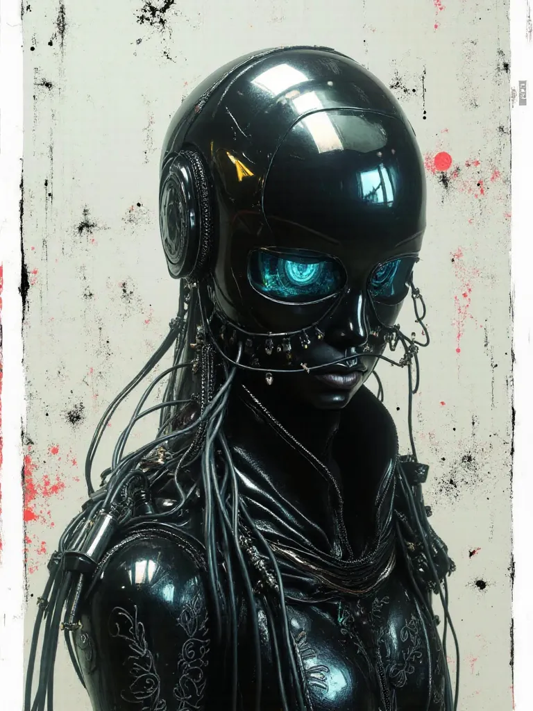 
Gritty scifi concept art and avant garde post photography. Create a captivating half-body shot of an abstract sci-fi faceless android mannequin, exuding an aura of futuristic mystery. The mannequin should be crafted from reflective holographic gloss black...