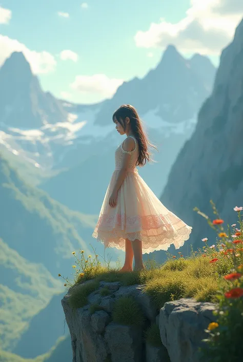 cute girl in a dress on a mountain cliff