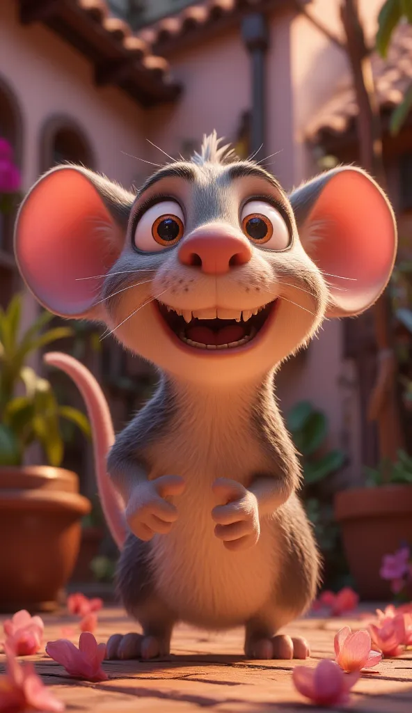 A cute and charismatic anthropomorphic mouse in a Pixar 3D realista style. The mouse has a smooth, soft grey fur coat with light pink ears, paws, and tail. Its big, expressive eyes are wide and filled with mischief, giving it a playful and mischievous pers...