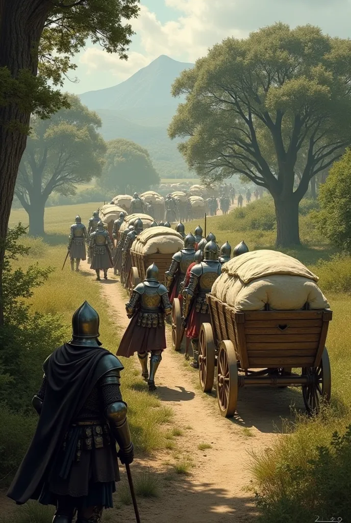 A group of knights cross a dirt road with carts full of grain, escorted by soldiers. Alain and his companions observe, They are crouching down hiding behind bushes. Set in the middle ages