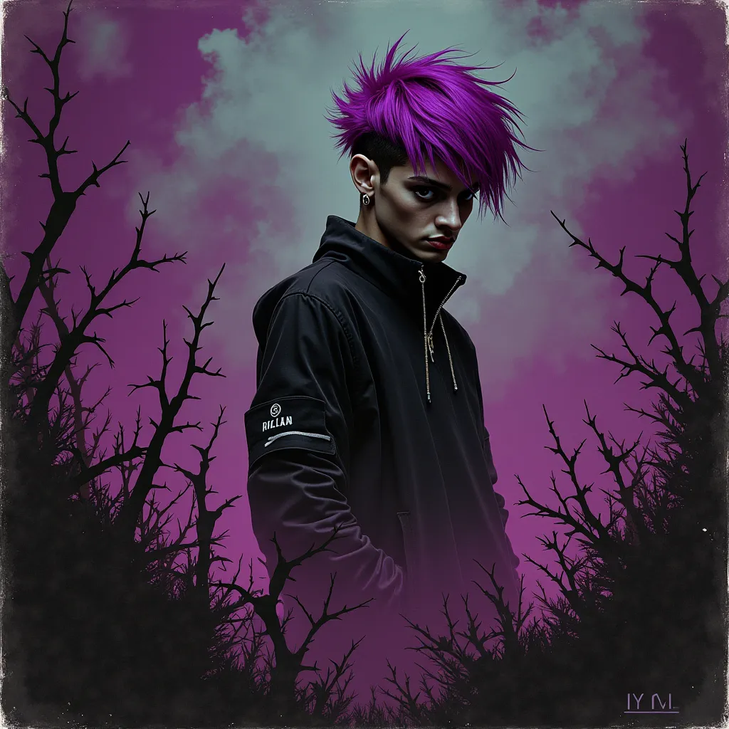 Color Album Art, hip-hop music album cover, rap album cover , Purple fog ,  purple hair , Spooky, Thorn bush, 90s, wolf