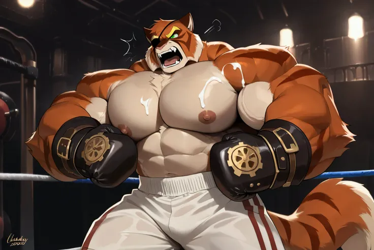 solo, hyper muscular furry (viktor vasco, Viktor[lackadaisy], Viktor Vasko[lackadaisy], black eyepatch, orange fur, orange body, yellow pattern, cream pattern, 1920s styled clothing, stripes, green eyes, large eyebrows, eyebrows, yellow eyebrows.), huge pe...
