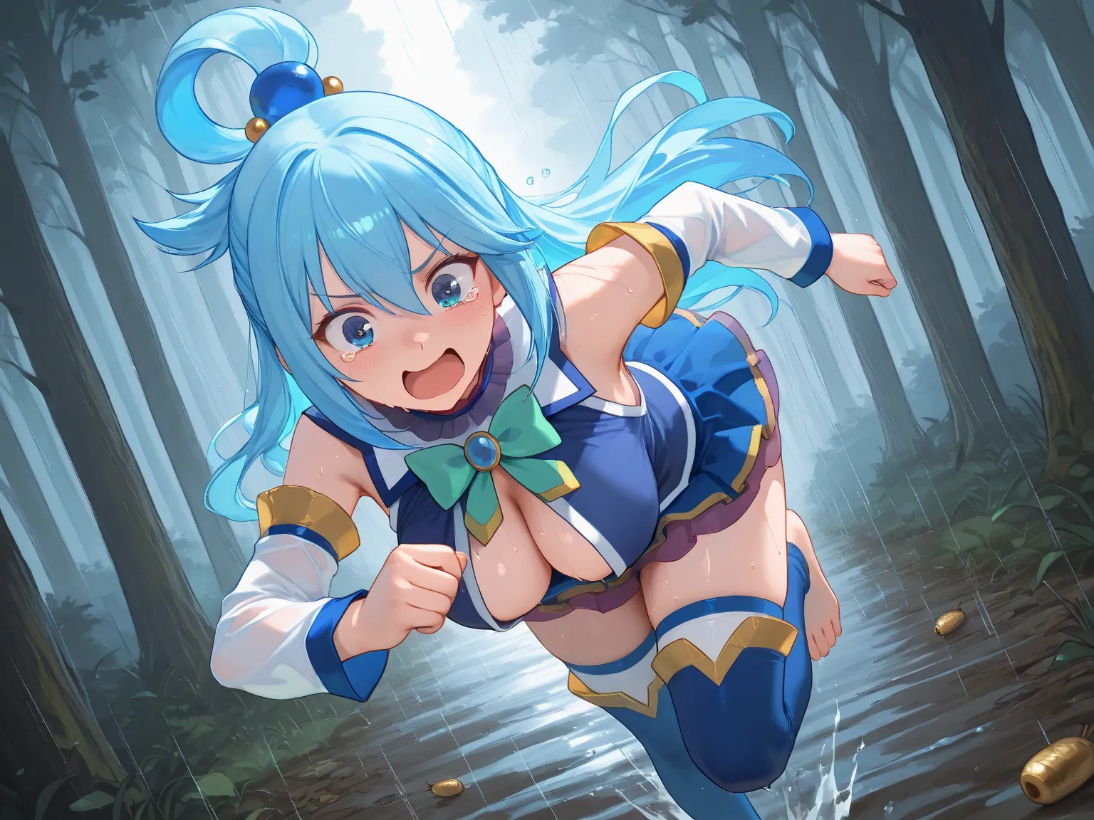 aquaSDXL,1girl,solo,long hair,blue eyes,skirt,hair ornament,thighhighs,blue hair,barefoot,detached sleeves,blue shirt,hair rings,blue thighhighs,aqua (konosuba), running, tears,😖, forest, raining nuts, funny scene, sweaty, bare shoulders, open shirt, slip ...