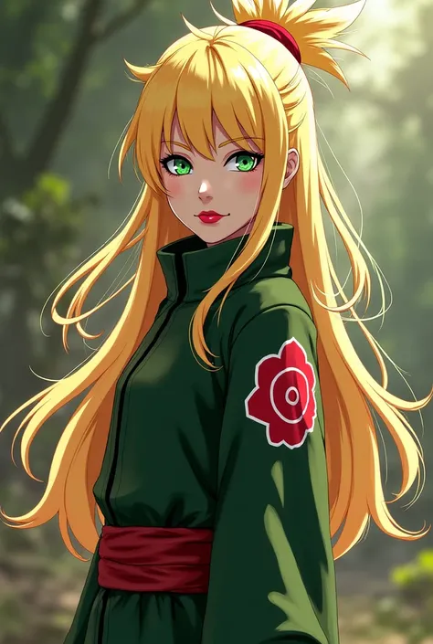 Ninja Sara Lameirinhas de Konoha, Naruto Universe, Chakra Vento, married to Itachi Uchia. Long haired blonde,  green eyes and red lipstick . Traje do Clã Uchia. realistic photo