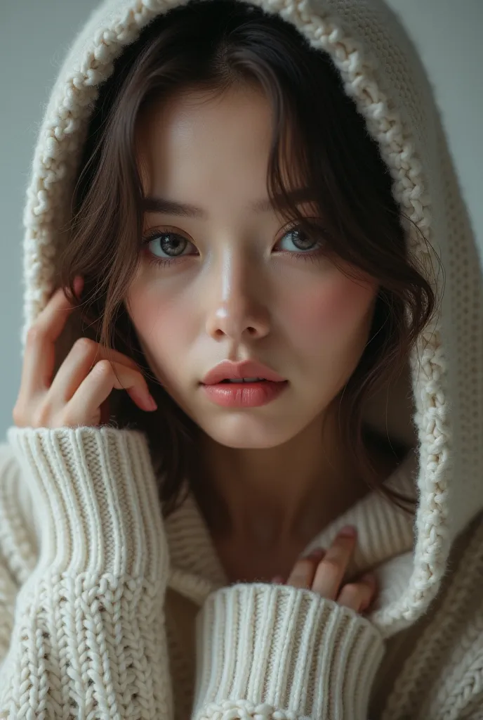 Create me a woman with a pretty face, a hooded sweater, and a cute pose