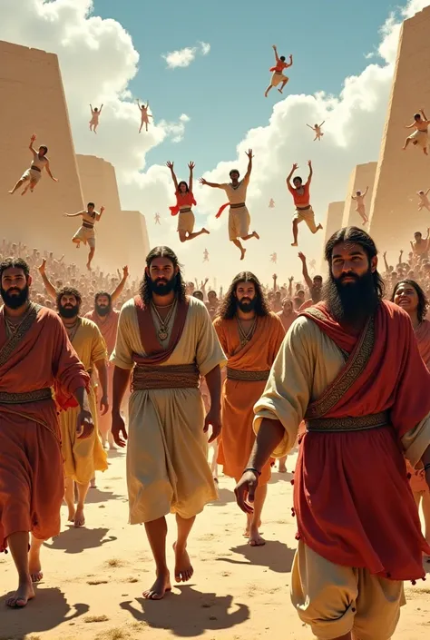 Show the people of Israel leaving Egypt in ancient times, wearing seasonal clothes and with the surrounding people jumping in party and celebration