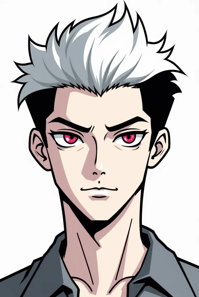 man, front-facing, white and black hair, sharp features, magenta eyes, simple black lineart, minimal shading, clean illustration, high contrast, crisp details, stylized portrait, graphic art, bold outlines, cell shading

