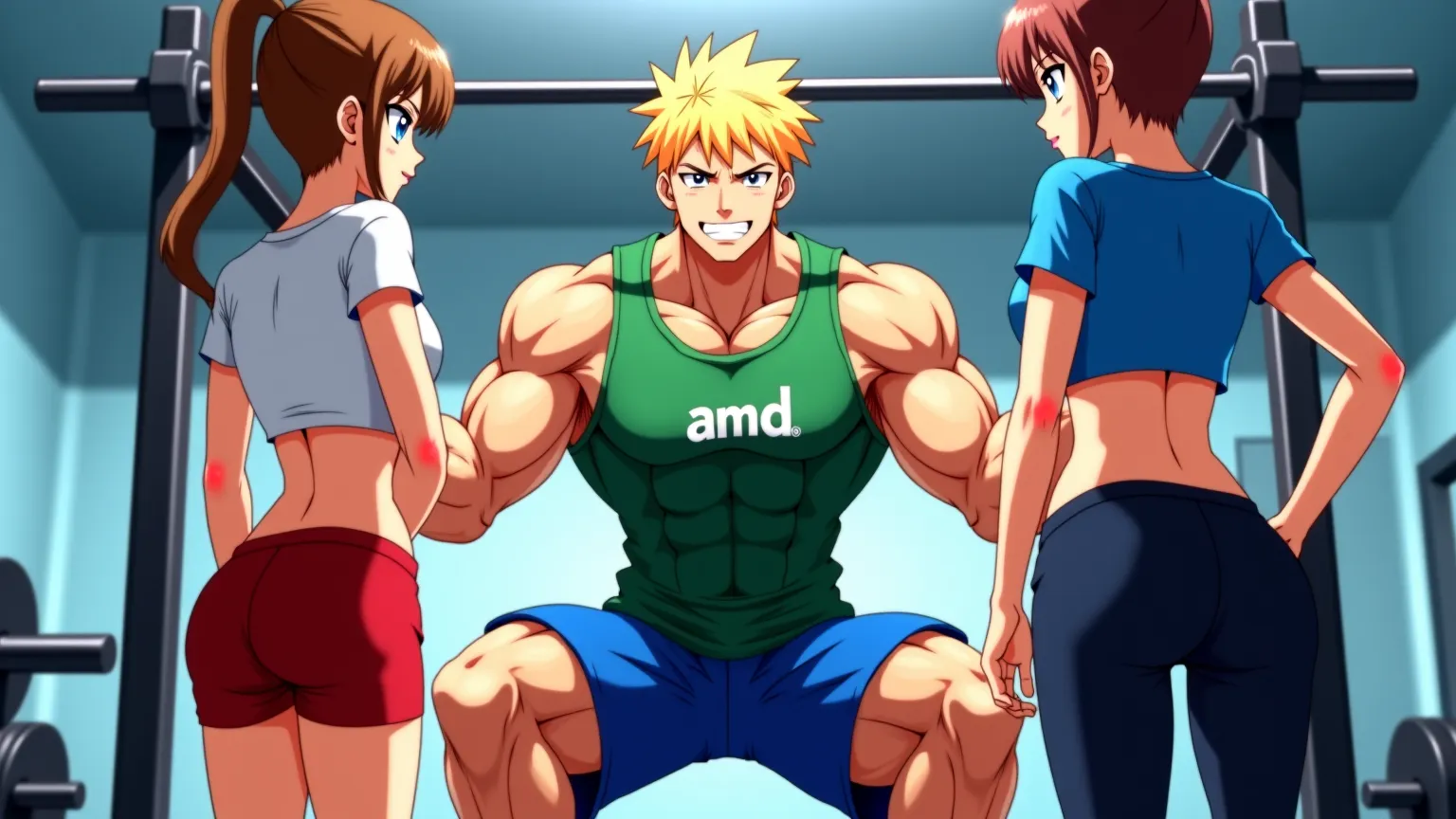 anime style, highly detailed image of the stage in a modern gym. In the center is a muscular young man with short blond hair, with a tense expression on her face and slightly open mouth, it's like he's breathing heavily. He's squatting under the bar bar, i...