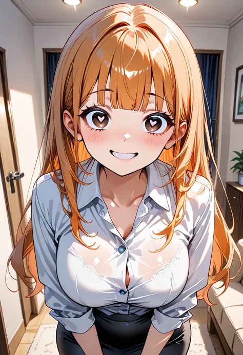 1Woman, standing, in living room, fair skin, long orange hair, blunt bangs, brown eyes, smiling, adult, White buttoned shirt, black pencil skirt, crazy eyes, heart pupils, 30 years old,