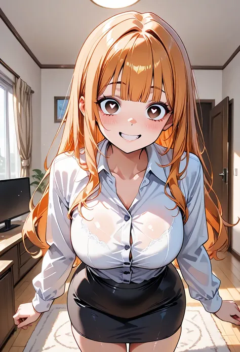 1Woman, standing, in living room, fair skin, long orange hair, blunt bangs, brown eyes, smiling, adult, White buttoned shirt, black pencil skirt, crazy eyes, heart pupils, 30 years old,