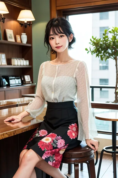 (High Definition), Lady, Japan Person, Cute, Black Hair Short, wearing Floral Dot Print Round Neck Short Bubble Sleeve Blouse, Flair Long Skirt Solid Color,Trad Style For Female,  Glance, Straddling a Stool, Leaning back pose, At Hotel Classic Counter Cafe...