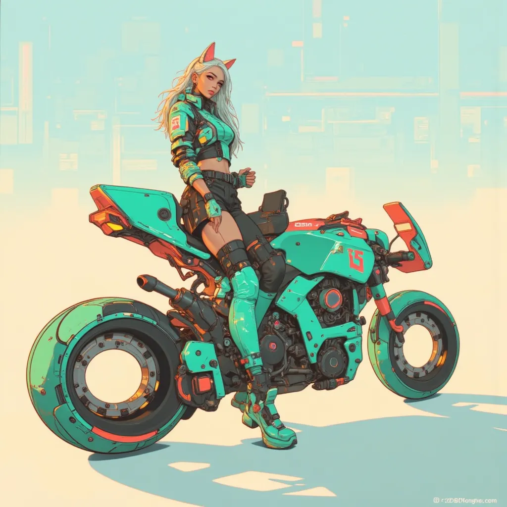 Create a futuristic, vibrant illustration of a female character with a sleek, cyberpunk vibe. She has long white hair, cat-ear accessories, and a confident attitude. The character is posed atop a neon teal, high-tech motorcycle with sharp, angular designs....