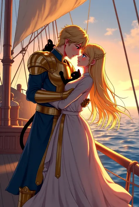 A Priestess kissing a Cat-girl, A blond Armored priestess Cleric, kissing a black-fur Tabaxi cat-girl, D&D Rogue, on the deck of a ship, In the style of Anime