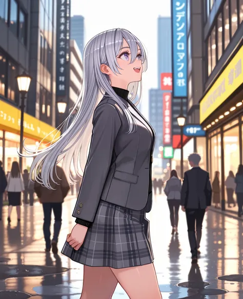 by kaneni, 1girl, solo, light grey hair, long hair, straight hair, flowing hair, hair between eyes, long bangs, light purple eyes, black sweater, dark grey blazer, black shirt, plaid skirt, medium skirt, bare legs, from side, upper body, walking, arms at s...