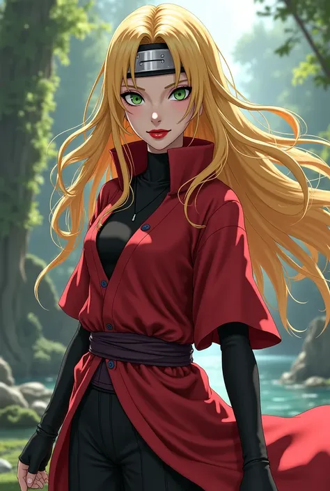 Ninja Sara Lameirinhas de Konoha, 21 years Naruto universe, Chakra Vento, married to Itachi Uchia. Long haired blonde,  green eyes and red lipstick . Traje do Clã Uchia. human realistic photo