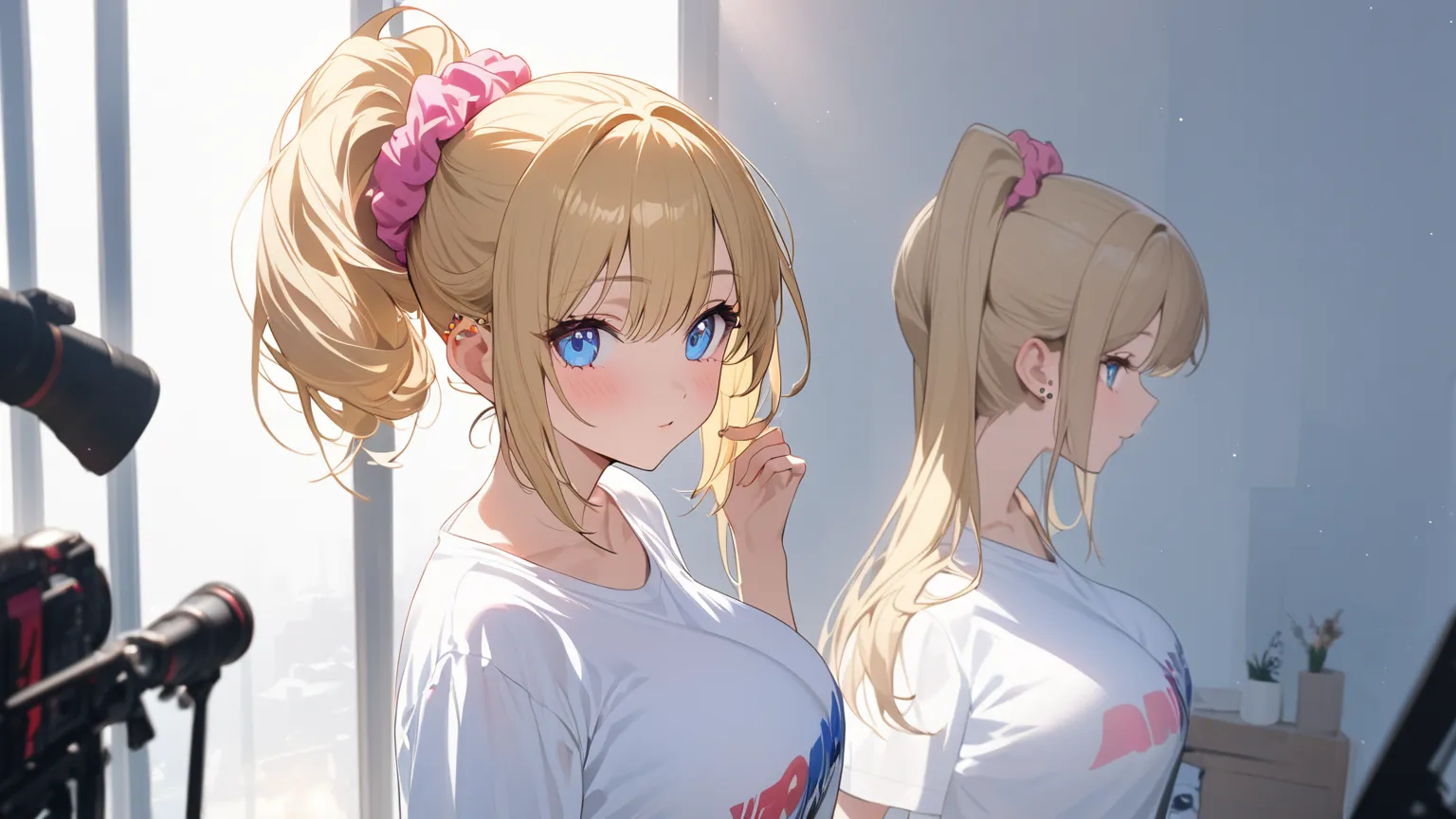 one girl，Big Breasts,  Gold，ponytail， pink scrunchie，white shirt，white background, Blue Eyes、Otaku、Cosplay