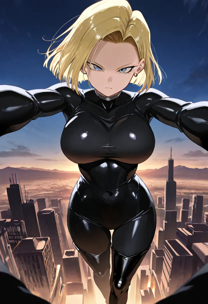 one girl , Alone, Android 18, black latex bodysuit , black boots, blck thigh boots、 black tights、evil,  floating, in the sky, looking at the viewer, Masterpiece, top quality, So Aesthetic , anime screen capture , Big Breasts, general , Masterpiece, top qua...