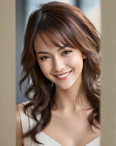 1 girl, solo, Hi-Res, chest, smiles, has won numerous awards, Hi-Res, Highest quality, Hair, shortcut from elbow to hand, chest, long legged、excellent style、