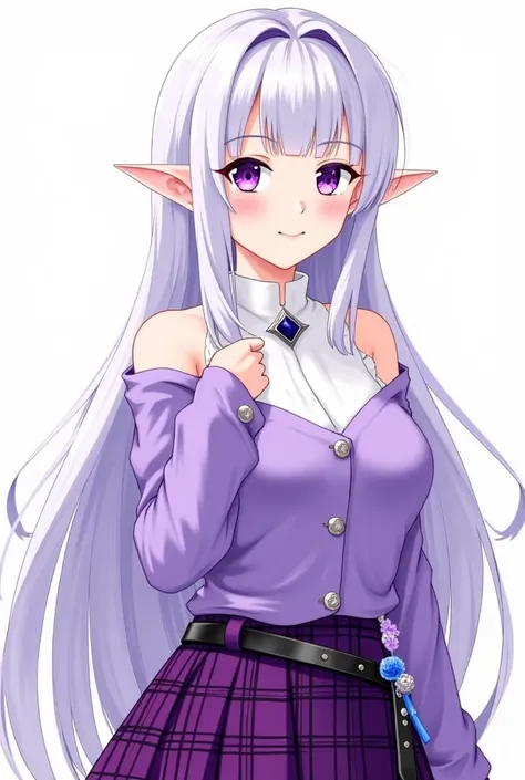 Castorice Honkai Star Rail, woman, white long hair with purple shades, purple eyes, elf ears, defined soft face, wearing Off-shoulder sweater Lavender Purple color, High-neck inner topTranslucent White color,  decorative brooch, Plaid Skirt Royal purple co...