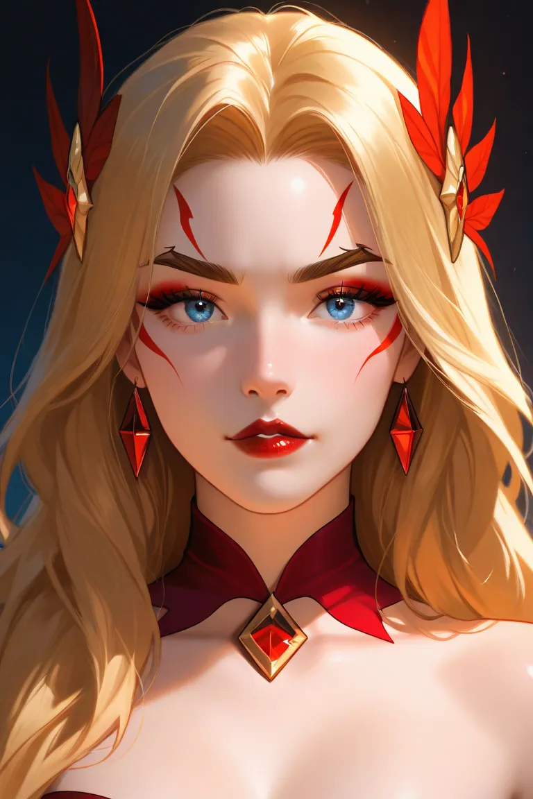 She wears a phoenix, has beautiful skin, beautiful golden hair and red lips. She has blue eyes, very beautiful, her golden eyebrows were thin and long and there was a small red mark in the middle of her eyebrows. Her appearance was cute and graceful, and h...